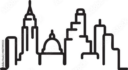 Black and white line silhouette of a city skyline with varied building heights and a dome