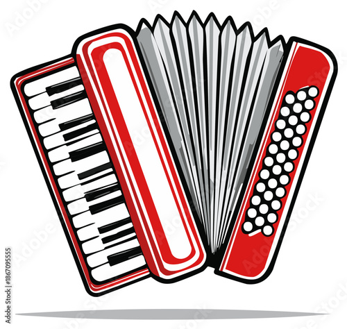 Red Accordion Musical Instrument with Black and White Keys and Bellows