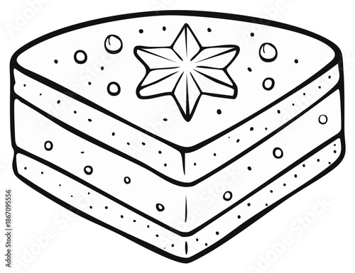 Line art drawing of a delicious layered dessert cake slice decorated with a star and sprinkles