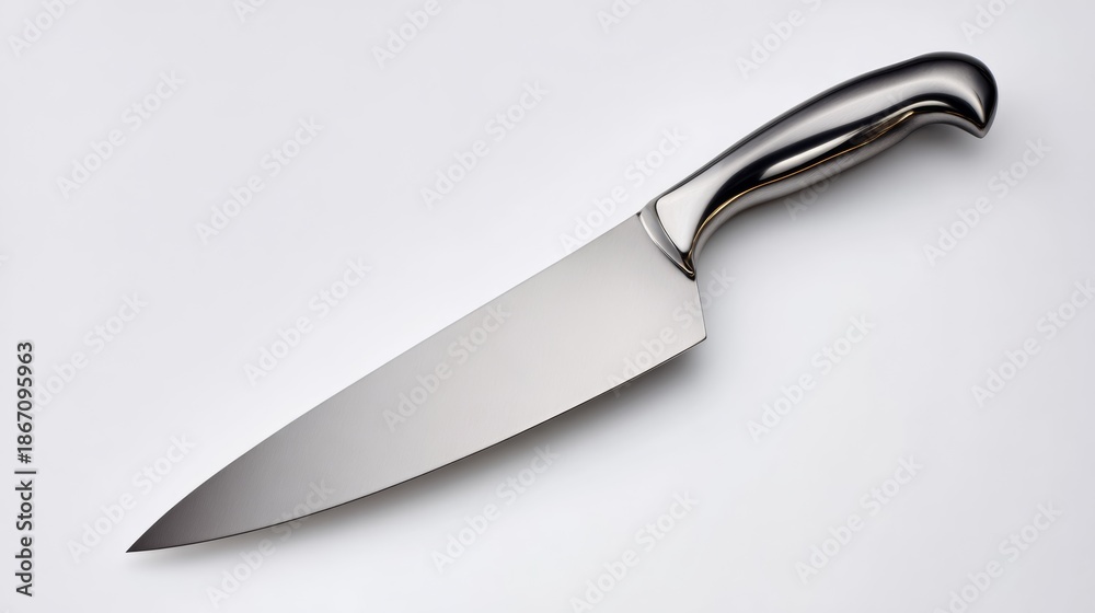 Obraz premium High-quality stainless steel chef's knife with a sleek design and polished blade, showcasing sharpness and precision, ideal for culinary professionals and home cooks alike