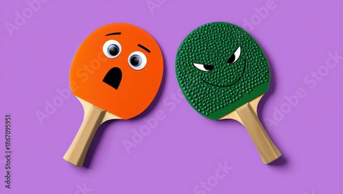 Two vibrant ping pong paddles, one with a surprised face and the other with a mischievous grin, set against a purple background. Fun and playful design.