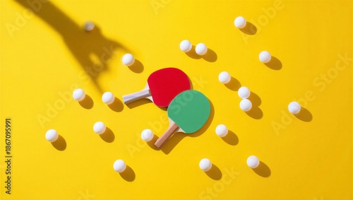 Two colorful table tennis paddles in red and green are placed on a vibrant yellow background surrounded by white ping pong balls. Sports and recreation concept.