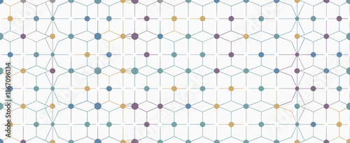 Geometric pattern with interconnected nodes and lines in teal blue green purple and yellow colors