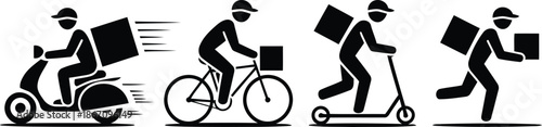 People delivering packages using a scooter, bicycle, push scooter, and by running for quick service