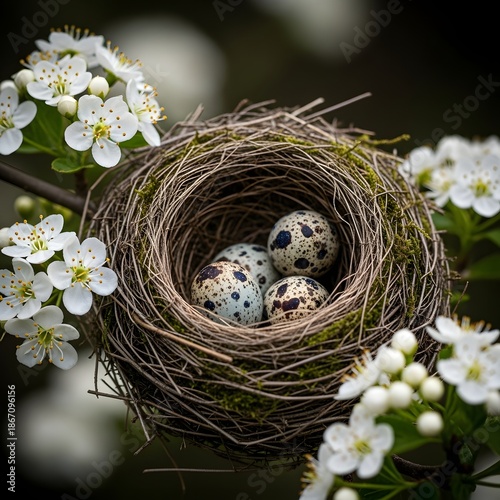 Natural Bird's Nest with Speckled Eggs in a White Blossoming Tree Branch