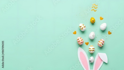 Playful Easter Composition: Bunny Ears and Gold-Accented Eggs on Mint Green Surface