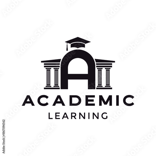 initial letter A with university building classical columns graduation cap for Academic Learning educational logo design