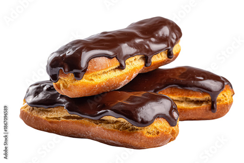 freshly made eclair with chocolate glaze isolated on transparent background