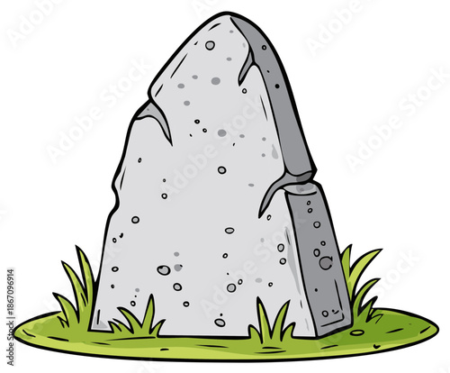 A weathered and cracked gray headstone stands alone in a grassy patch cartoon vector illustration