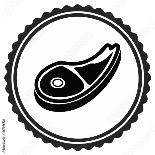 Black and white icon of a raw beef steak with bone within a circular badge