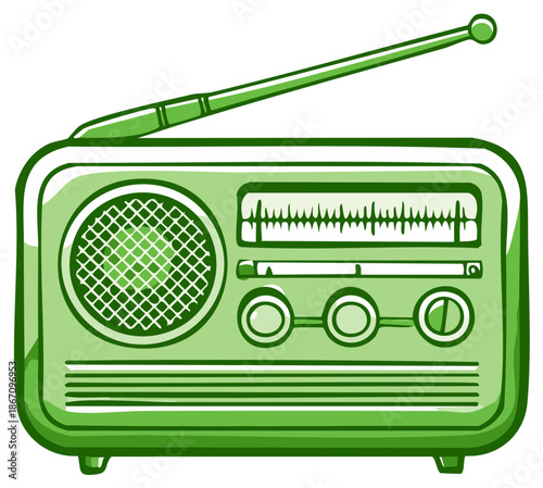 Cartoon illustration of a classic green vintage radio receiver with an extended antenna