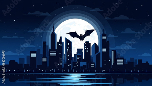 A bat flies over a city skyline at night with a large moon in the background and stars in the sky with a body of water in front with night city