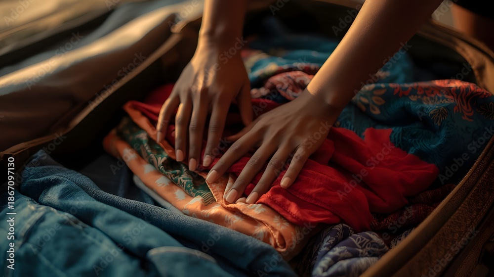 Obraz premium Preparing suitcase for vacation, hand placing clothes neatly inside luggage.