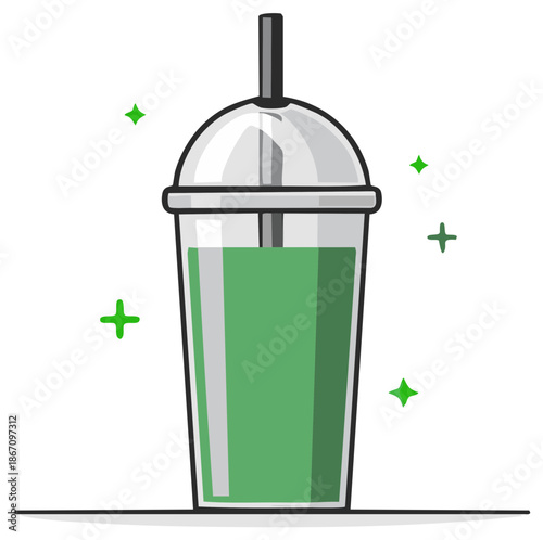 Green Smoothie Beverage in Clear Plastic Cup with Dome Lid and Straw - Healthy Drink Illustration