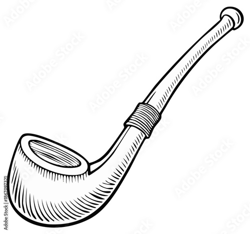 Hand Drawn Illustration of a Classic Tobacco Pipe with a Curved Stem and Wrapped Band