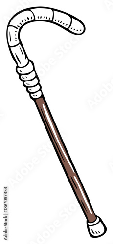 Classic Walking Stick Hand Drawn Style, Dark Brown Shaft, Crook Style Handle, Mobility Aid