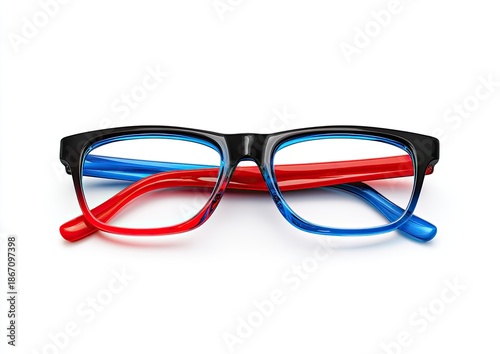 Glasses black frame, red/blue rims/arms on white