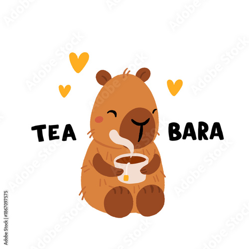 Cute capybara tea time vector set with teacups, teapot, tea lover characters, cozy kawaii animals, hot drink illustrations for wellness, self care and slow living