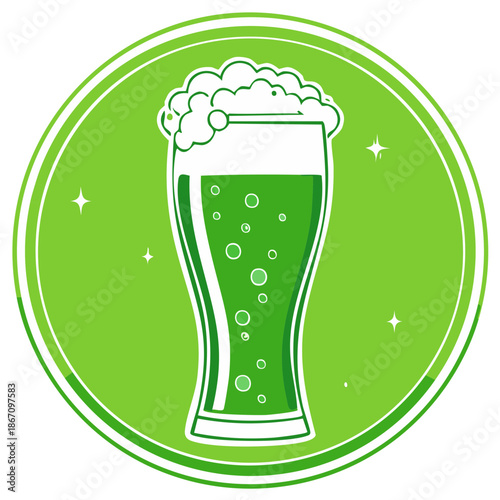 Green beer in glass with foam inside a circular badge symbol for celebrating St Patrick's Day
