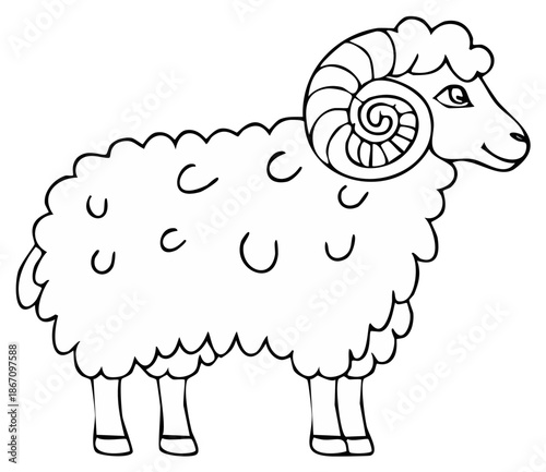 Cartoon ram with curly horns, a black and white outline for a children's coloring book page