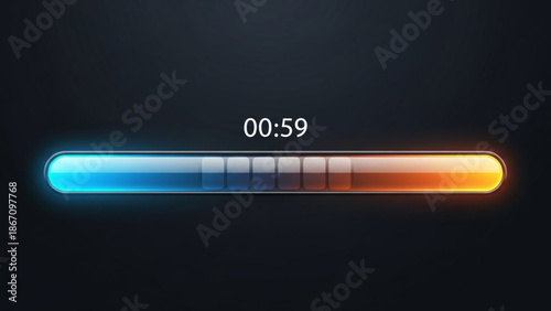 A colorful progress bar with a timer counting down from fifty nine seconds on a dark background with countdown timer and digital and interface