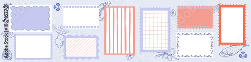 Vintage hand draw postcard frame set with decorative stamp borders and pastel patterns. Mediterranean style design for travel, food branding, templates, social media and print layouts