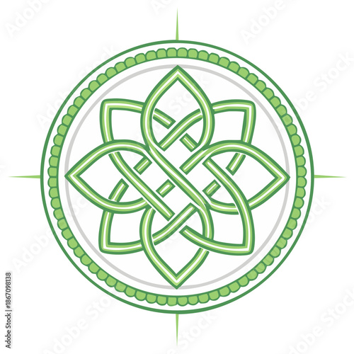 Green Celtic Knot Compass Rose Design with Intricate Interwoven Pattern and Circular Border