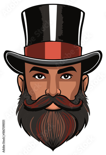 Stylish bearded man with a handlebar mustache wearing a classic black top hat