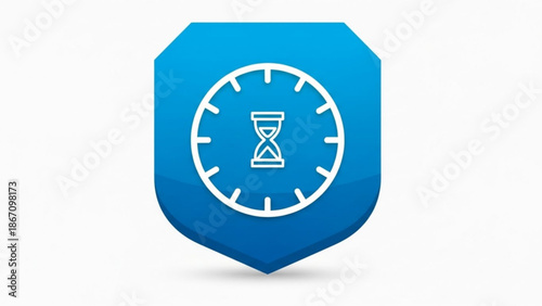 Blue shield icon with white clock and hourglass on a clean white background for business and technology concepts with business concept and technology icon