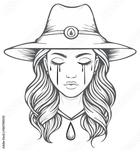 Woman with Hat, Tears, Wavy Hair, and Water Drop in Graphic Line Art