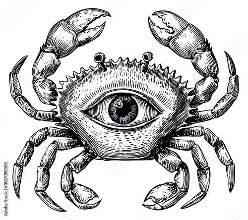 Hand drawn line art illustration of a mystical crab depicting an all-seeing eye for occult themes