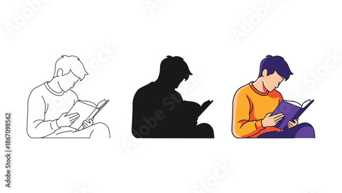 Collection of three distinct styles illustrating a young man deeply engrossed in reading a hardcover book featuring line art silhouette and full color vector representations