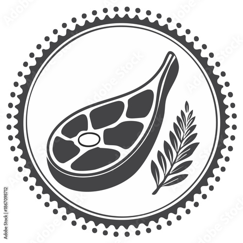 Elegant Icon of Meat Cut with Olive Branch Inside Decorative Circle, Food Item, Fresh Ingredient