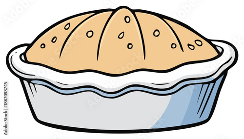 Delicious hand-drawn whole pie with a golden brown crust and a flaky top presented in a light blue pie dish