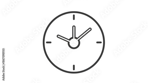 A minimalist line drawing of an analog clock face with simple hour and minute hands on a plain white background with time and icon and graphic