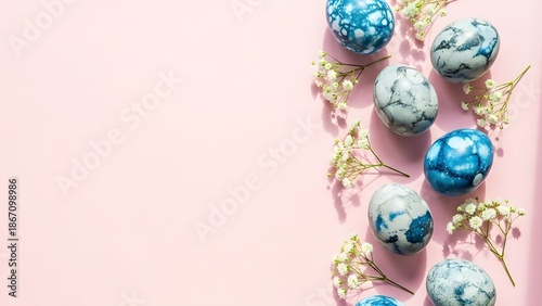 Modern Natural Dyed and Marbled Easter Eggs with Delicate Gypsophila Border on Pink Flat Lay with Copy Space