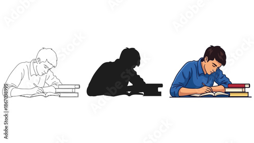 Set of three stylized illustrations depicting a focused young student diligently writing notes in an open book beside a stack of textbooks for educational concepts