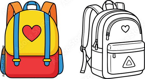 Cute school backpack illustration in color and outline styles, kids bag icon set, cartoon design isolated on white