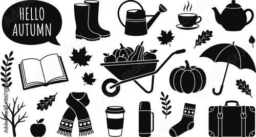 Autumn season silhouette illustration set with fall leaves, pumpkin, umbrella, boots, tea and cozy accessories isolated on white