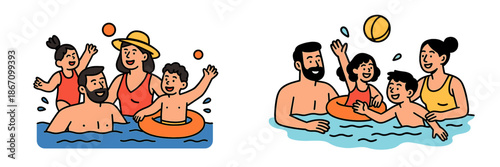 Families enjoying fun in the pool during summer vacation