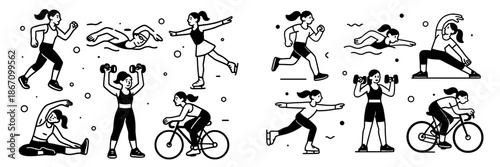Various fitness activities illustrated in a dynamic vector style