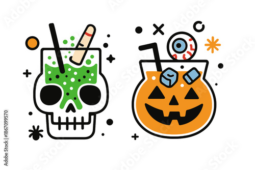 Colorful vector illustrations of Halloween-themed cocktails