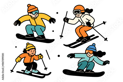Colorful vector illustration of skiers enjoying winter sports