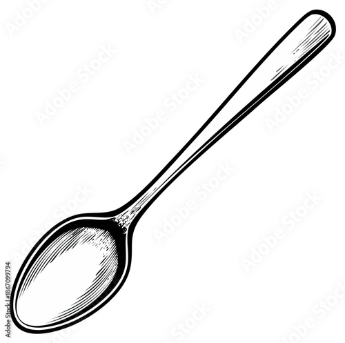 Hand-drawn vintage silverware illustration showing a spoon in engraved style, kitchen utensil element on a white background