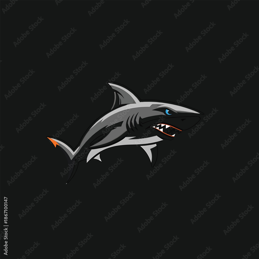 Obraz premium Aggressive Shark Mascot with Glowing Blue Eyes and Sharp Teeth.