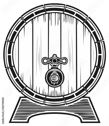 Wooden Barrel with Spigot and Stand, Vector Illustration