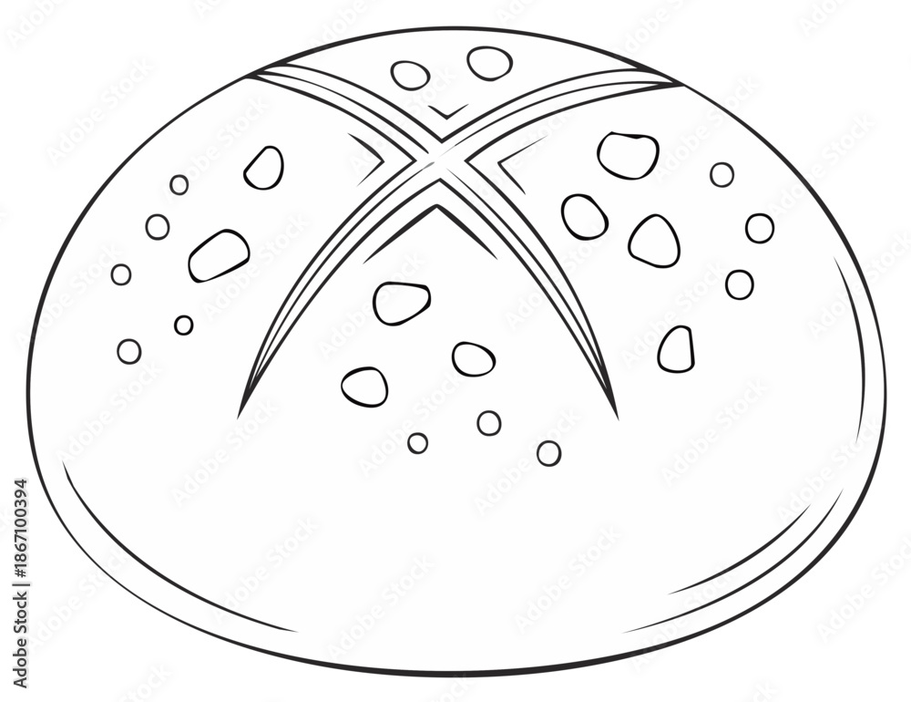 Obraz premium Outline Illustration of Crusty Round Bread with a Cross Pattern and Spots for a Culinary Art Piece