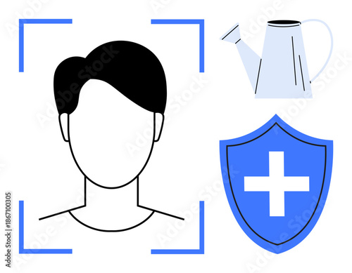 Biometric identification, cybersecurity, health protection, data privacy, user authentication, digital technology. Person frame, shield with a cross watering can. Identity verification and data