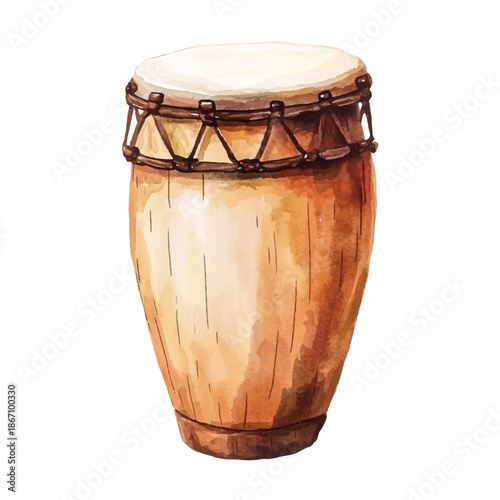 Watercolor illustration of a wooden conga drum isolated on white background.