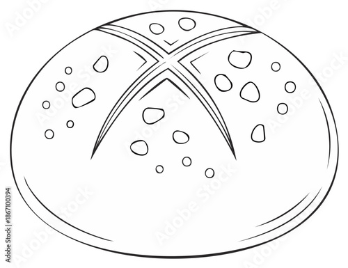 Outline Illustration of Crusty Round Bread with a Cross Pattern and Spots for a Culinary Art Piece